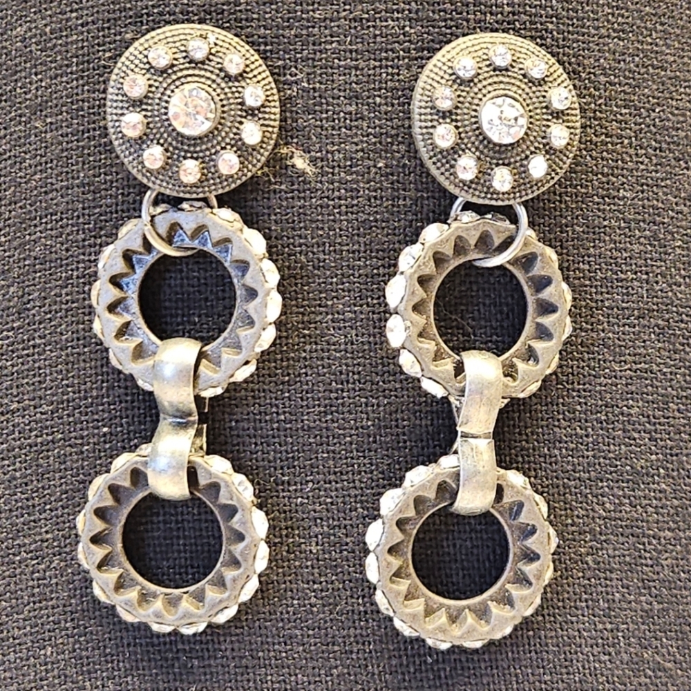 Silver Tone Studded Dangle Earrings with Crystal Accents